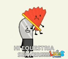a cartoon character holding a fan with the words hi equestria server lucas & friends