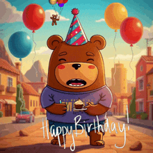 a bear wearing a party hat is holding a cupcake with the words happy birthday written on the bottom
