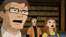 a man with glasses is standing next to a girl and a boy in a cartoon .