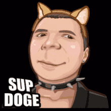 a cartoon of a man wearing a headband with cat ears and a choker that says " sup doge "