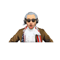 a man wearing a wig and sunglasses points at the camera