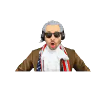 a man wearing a wig and sunglasses points at the camera