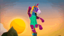 a colorful stuffed unicorn is standing on a pole in front of a mountain