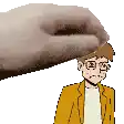 a hand is holding a boy 's head in a pixel art style .