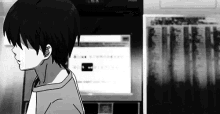 a black and white drawing of a boy standing in front of a computer .