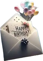 an envelope with a happy birthday card and balloons