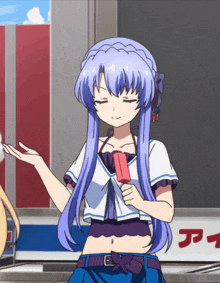 a girl with long blue hair is holding a red popsicle in front of a sign that says " a "