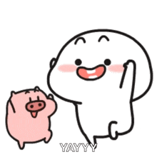 a cartoon character is standing next to a pink pig and giving it a high five .