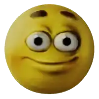 a close up of a yellow smiley face with big eyes on a white background