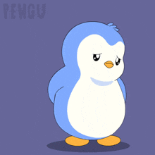 a blue and white penguin holding a sign that says sorry