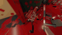 a video game is being played in a hallway with blood on the floor