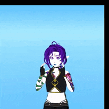 a girl with purple hair has a tattoo on her arm that says ' a ' on it