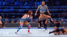 two women are wrestling in a ring and the words gtfo bitch are visible