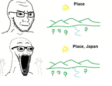 a drawing of a man with glasses and a beard and a drawing of mountains and trees in place , japan .