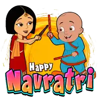 a cartoon of a boy and a girl holding sticks with the words happy navratri above them
