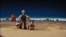 a cartoon of a man and a dog in a desert