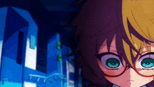 a close up of a person 's face with glasses on