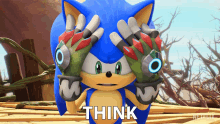 a picture of sonic the hedgehog covering his eyes with his hands with the words think written below him