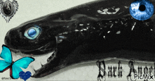 a black shark with blue eyes is surrounded by butterflies and the words " dark angel picmix "