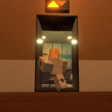 a cartoon character is standing in an elevator with a yellow triangle above it