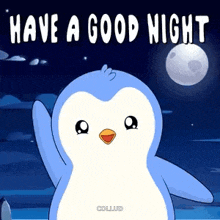 a penguin is waving in front of a full moon and says `` have a good night '' .