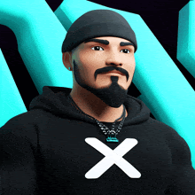 a man with a beard wearing a black hoodie with a white x on it