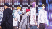 a group of anime characters are standing in a room with a checkered wall