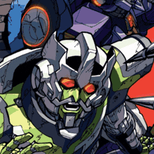a cartoon drawing of a robot with red eyes and a wheel on his head