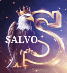 a bald eagle wearing a crown is standing in front of a large letter s