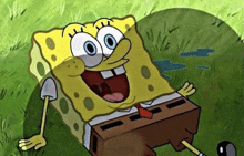 a cartoon of spongebob squarepants laying on the grass .