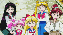 a group of cartoon girls are standing next to each other and one of them has a heart on her shirt