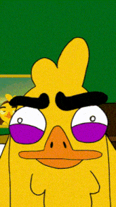 a cartoon of a duck with purple eyes and a black eyebrow