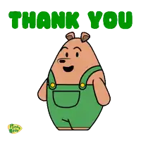 a cartoon bear in green overalls says " thank you "