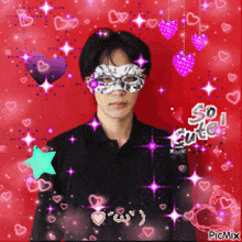 a man wearing a mask is surrounded by hearts and stars with the words so cute on the bottom right