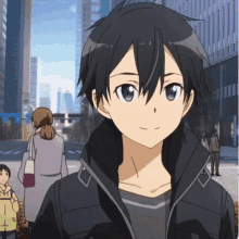 a boy with black hair and a black jacket stands in a city