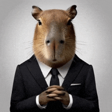 a capybara is wearing a suit and tie with its hands folded .