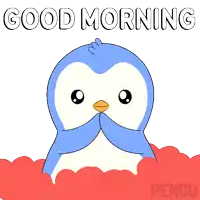 a penguin is holding a heart in its beak with the words good morning written above it