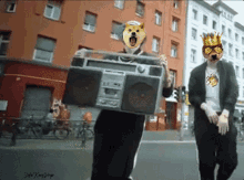 a man carrying a boombox with a doge face on his head