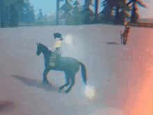 a person riding a horse in a video game with trees in the background