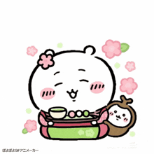 a cartoon of a bear holding a baby and a cup of tea
