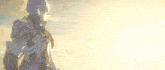a cartoon character stands in front of a bright sun