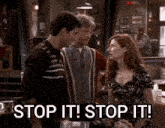 a group of people are standing in a room with the words stop it stop it written on the bottom
