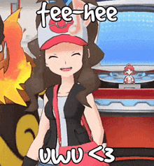 a cartoon of a girl with the words tee-hee written on it