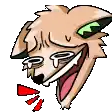 a pixel art drawing of a dog 's head with its mouth open and green eyes .