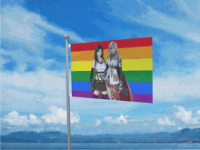 a rainbow flag with two female characters on it