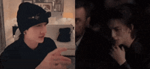 a man in a black hat is talking to another man in a black jacket
