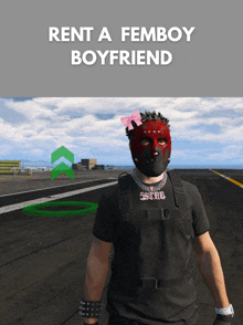 a man wearing a red mask with the words rent a femboy boyfriend on the bottom