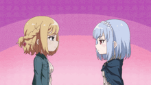 two anime girls are standing next to each other and looking at each other