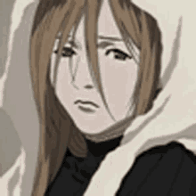 a close up of a cartoon character with long hair and a scarf around her neck .