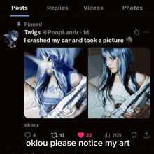 a screenshot of a twitter post that says ' oklou please notice my art ' on it